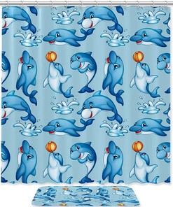 Cartoon Dolphin Playing with Ball Shower Curtain - Blue Water Bathroom Mat