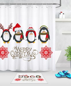 Cartoon Penguin Santa Claus Christmas Shower Set for Bathroom Decoration