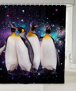 Cartoon Penguin and Starry Sky Shower Curtain for Kids Bathroom Decor