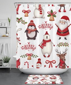Cartoon Santa Claus Elk Penguin Bear Shower Curtain - Festive Bathroom Decor