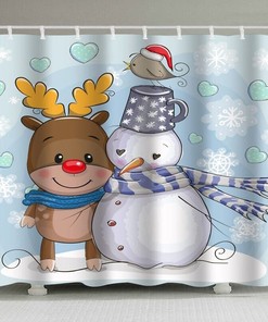 Cartoon Snowman Deer Snowflake Print Shower Curtain for a Festive Winter Bathroom