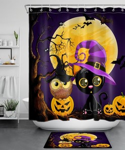 Cat Pumpkin Halloween Shower Curtain for Creepy and Mysterious Bathroom Decor