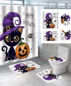 Cat Pumpkin Head Halloween 3D Shower Curtain for a Spooky Bathroom