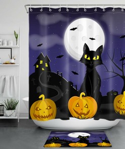 Cat Pumpkin Shower Curtain with Moon Castle for Halloween Bathroom Decor