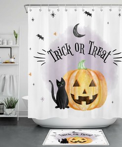 Cat Pumpkin Trick or Treat Cartoon Shower Curtain for Halloween Bathroom Decor