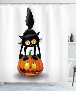 Cat on Pumpkin Cartoon Animal Print Shower Curtain for Bathroom Decor