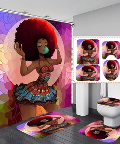 Chic African American Woman Shower Curtain Set with Toilets and Lid Cover for a Stylish Bathroom Decor