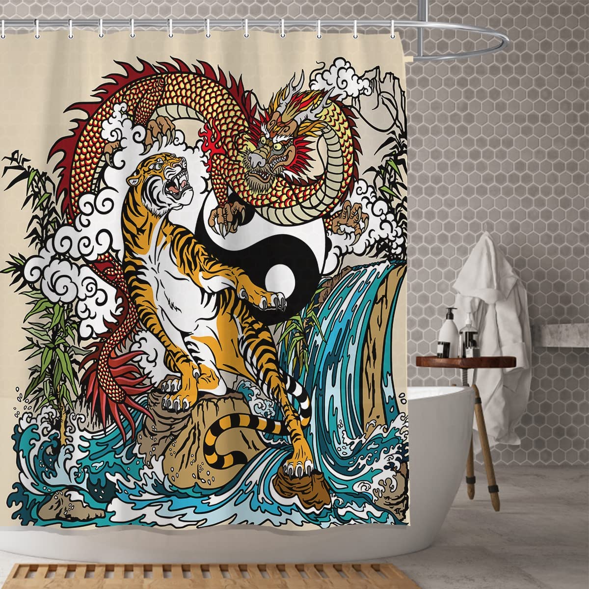 Chinese Dragon and Tiger Shower Curtain Yin Yang Symbol Asian
