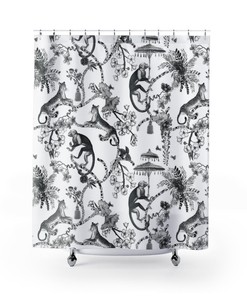 Chinoiserie Monkey Jungle Shower Curtain for Exotic Boho Bathroom