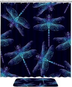 Chong Navy Blue Shower Curtain with Dragonfly - Water Themed Bathroom Decor