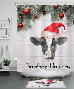 Christmas Cow Shower Curtain Set with Fir Tree Branch Bathroom Accessories