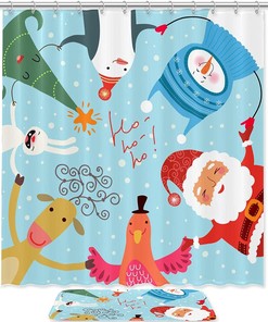 Christmas Eindeer Santa Claus Penguin Rabbit Tree Shower Curtain for Funny Bathroom and Home Decor