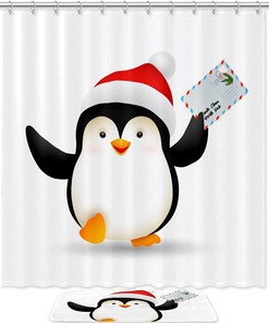 Christmas Penguin Shower Curtain - Waterproof Bathroom Curtain