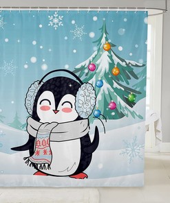 Christmas Penguin Shower Curtain with Cartoon Animal Print, Festive Bathroom Decor