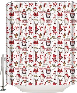 Christmas Shower Curtain - Penguin and Polar Bear in Santa Hats - Cute Holiday Bathroom Decor