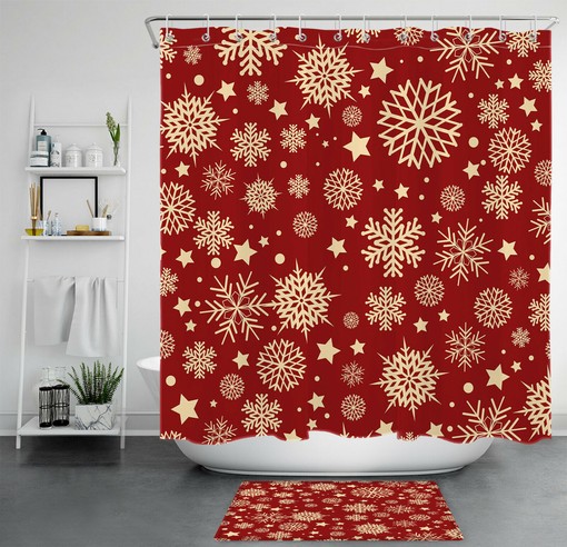 Christmas Snowflakes Shower Curtain in Red Background for a Festive Bathroom Accessory