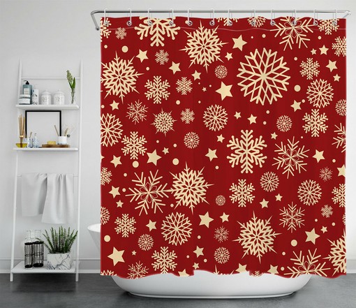 Christmas Snowflakes Shower Curtain in Red Background for a Festive Bathroom Accessory - Image 2
