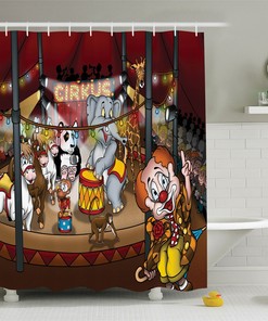 Circus Animals Art Shower Curtain for Kids Room or Bathroom Decor with Horses, Elephants, Monkeys, and Pandas