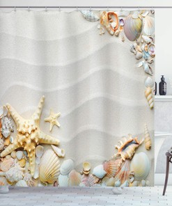 Coastal Seashell Shower Curtain, Colorful Ocean Wildlife Theme with Starfish and Sand, Bathroom Decor