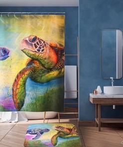 Coastal Turtle Shower Curtain by Designer for Tropical Bathroom Decor