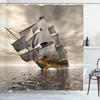 Coffee Grey 3D Ocean Shower Curtain, Historic Pirate Ship Exploration Theme, Bathroom Decor Home Decor