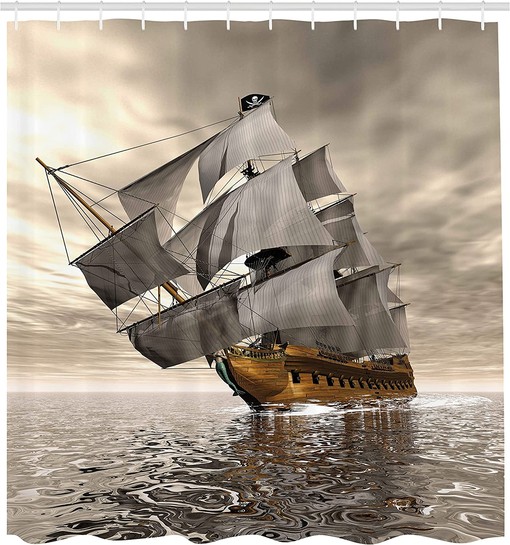Coffee Grey 3D Ocean Shower Curtain, Historic Pirate Ship Exploration Theme, Bathroom Decor Home Decor - Image 2