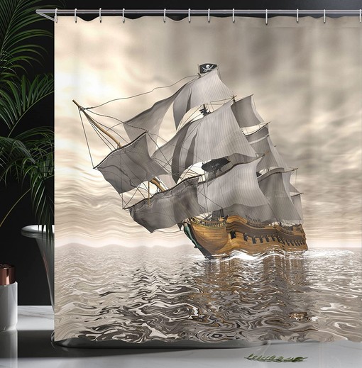 Coffee Grey 3D Ocean Shower Curtain, Historic Pirate Ship Exploration Theme, Bathroom Decor Home Decor - Image 3