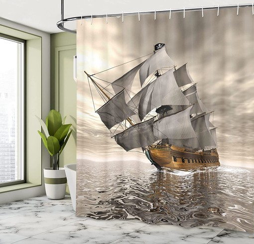 Coffee Grey 3D Ocean Shower Curtain, Historic Pirate Ship Exploration Theme, Bathroom Decor Home Decor - Image 4