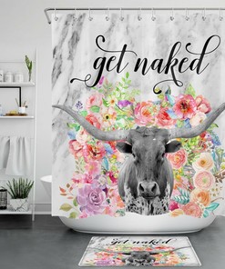 Colorful Flower Highland Cow Shower Curtain for Country Bathroom