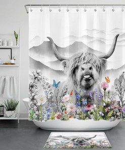 Colorful Flower Shower Curtain, Highland Cow Mountain Bathroom Accessory