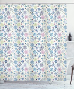 Colorful Snowflake Shower Curtain, Winter Motifs with Abstract Leaves, Cream Blue Bathroom Decor