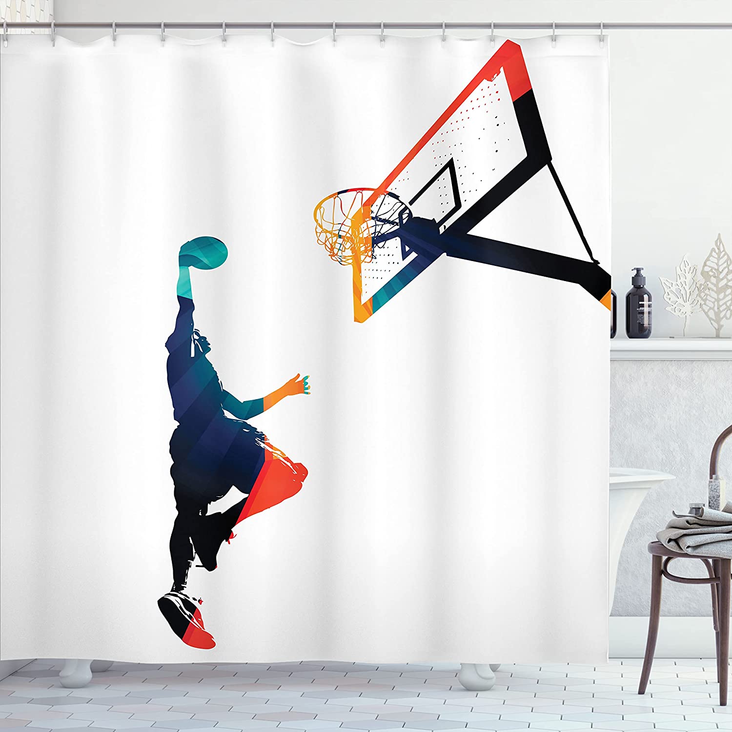 Colorful Star Shower Curtain, Striped Pattern Celebration Theme Party Bathroom Decor with Dots and Stars