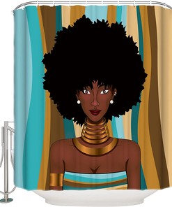 Colorful Stripe Background African American Girl Shower Curtain for Bathroom Showers and Bathtubs