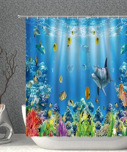 Colorful Tropical Fish Shower Curtain - Sea Turtle Dolphin Coral Underwater World Bathroom Decor Supplies Fabric Bath Curtain