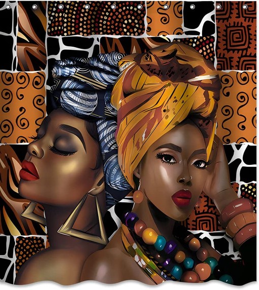 Colorful Wood Boho Theme African Woman Black Shower Curtain for Vibrant Bathroom Decor