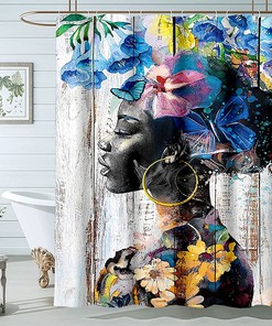 Colorful Wood Boho Theme Butterfly Lady African American Woman Black Shower Curtain for Vibrant Bathroom Decor