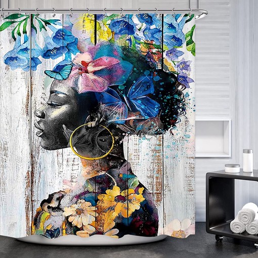 Colorful Wood Boho Theme Butterfly Lady African American Woman Black Shower Curtain for Vibrant Bathroom Decor - Image 2