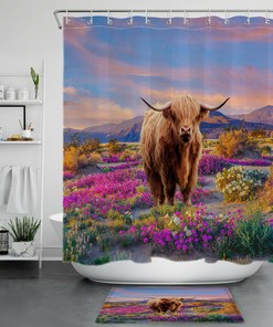 Cow Animal Garden Flower Highland Shower Curtain for Bathroom Decor