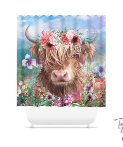 Cow Painting Shower Curtain, Highland Animal Bathroom Decor with Highland Cow