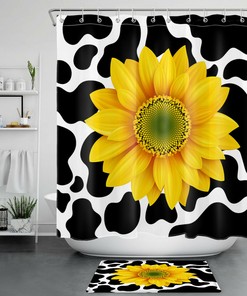 Cow Print Sunflower Yellow Flowers Shower Curtain, Rustic Bathroom Decor