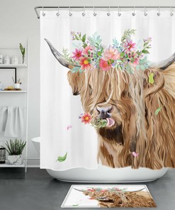 Cow Spring Flower Green Leaf Shower Curtain, Funny Farm Animal Bathroom Decor