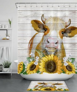 Cow Sunflower Daisy Shower Curtain, Funny Farm Bathroom Decor