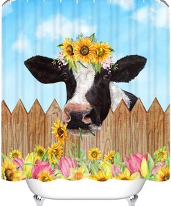 Cow Sunflower Shower Curtain - Watercolor Farmhouse Bathroom Decor