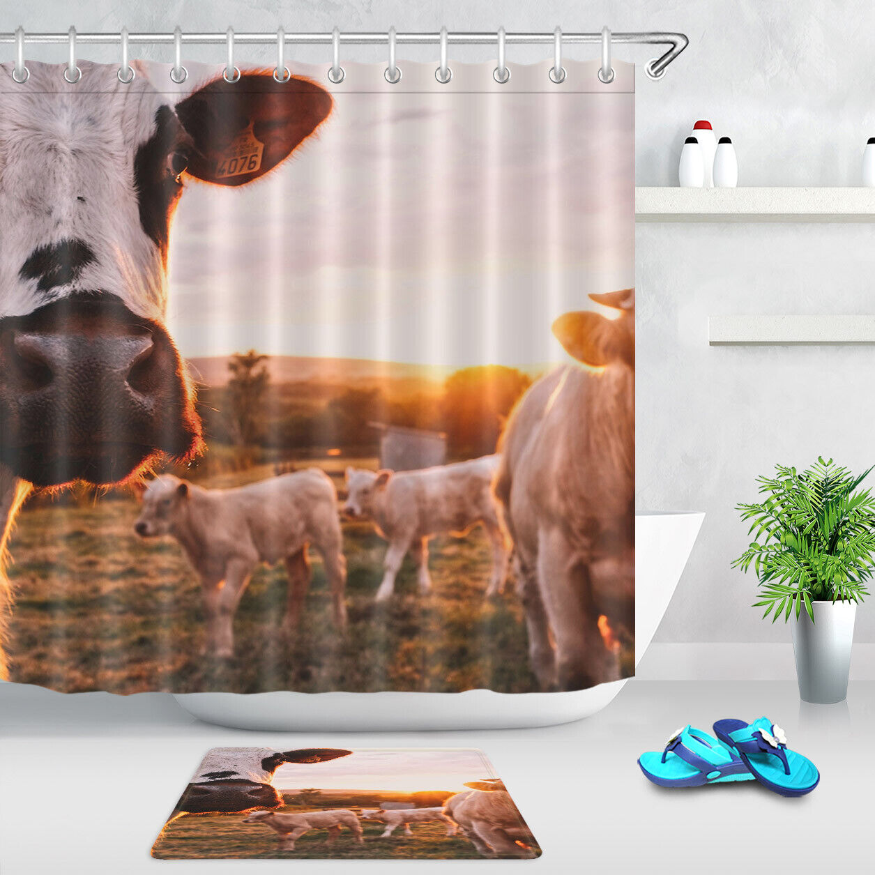Cow Sunrise Grazing Farm Shower Curtain Bathroom Decor