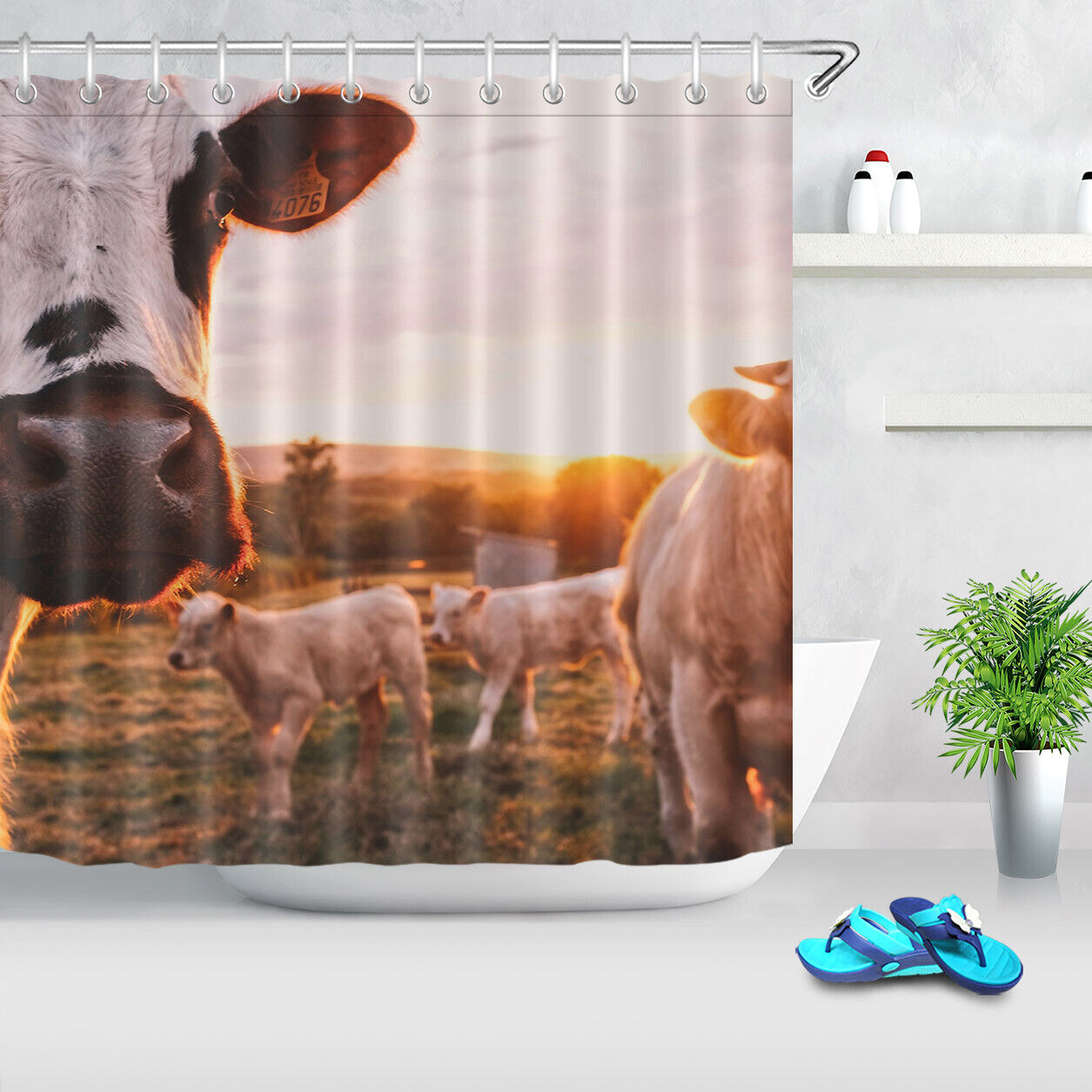 Cow Sunrise Grazing Farm Shower Curtain Bathroom Decor - Image 2