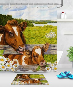 Cow and Daisy Patterned Shower Curtain for Farmhouse Bathroom Decor