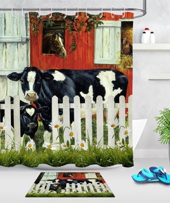 Cow and Horse Patterned Shower Curtain for Farmhouse Bathroom Decor