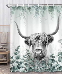 Cow with Eucalyptus Shower Curtain, Highland Bull Modern Bathroom Decor