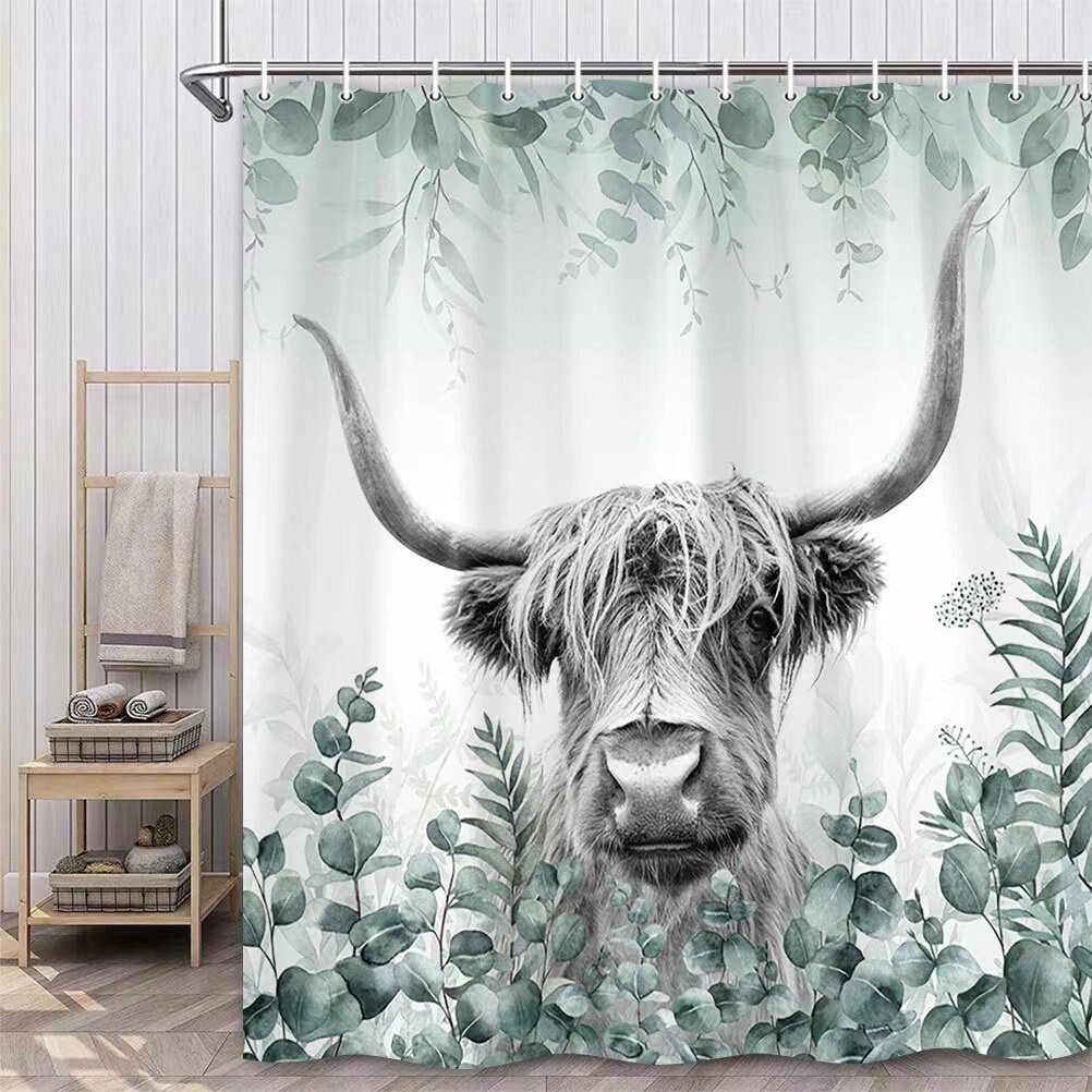 Cow with Eucalyptus Shower Curtain, Highland Bull Modern Bathroom Decor