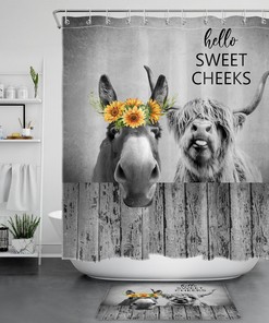 Cow with Flowers Shower Curtain - Farmhouse Animal Bathroom Curtain